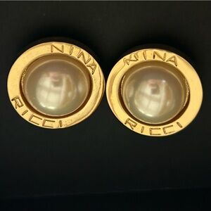 Vintage Nina Ricci Faux Pearl Gold Tone Clip On Earrings